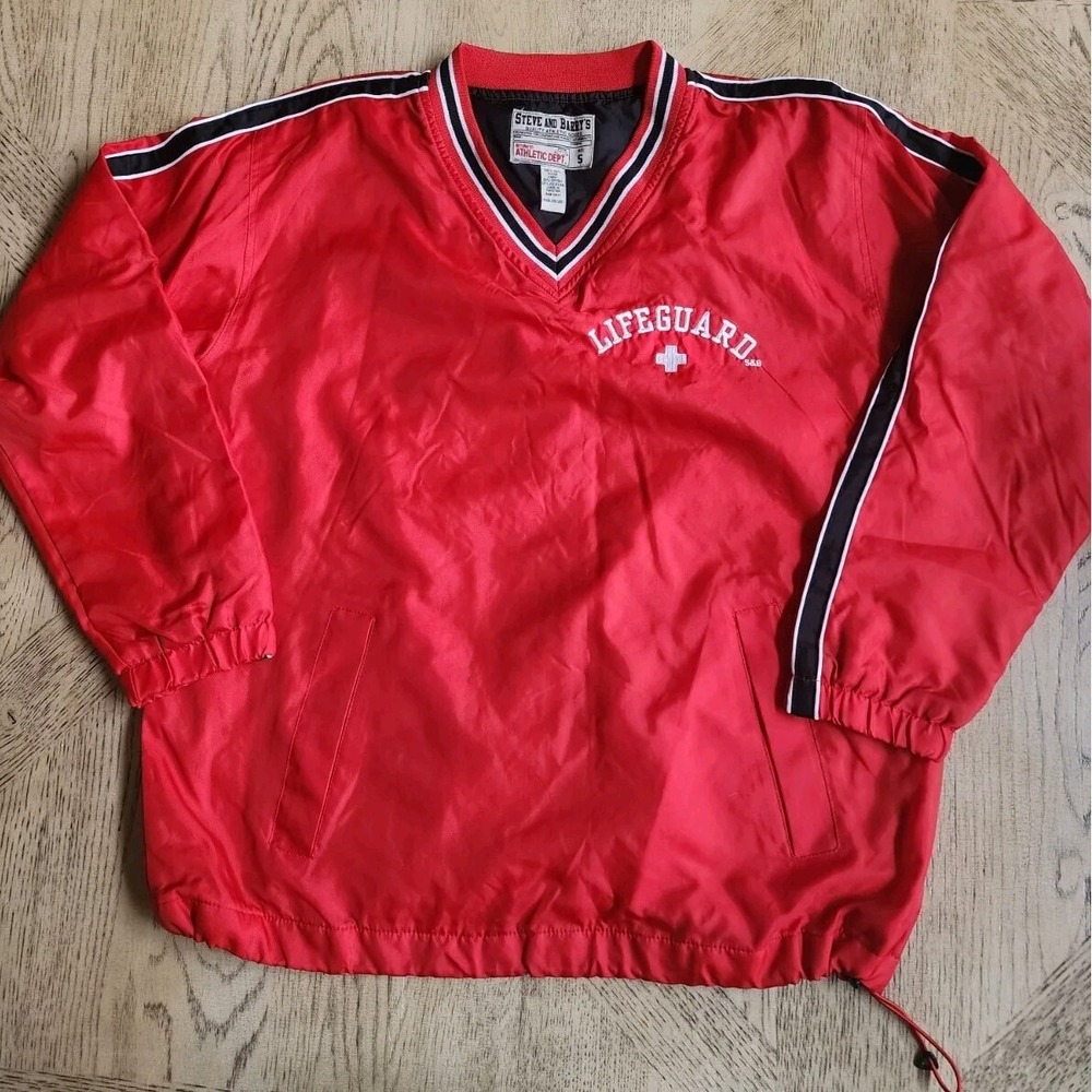 Steve And Barry's Jacket Lifeguard Pullover Nylon Small Red LINED Warm Vneck